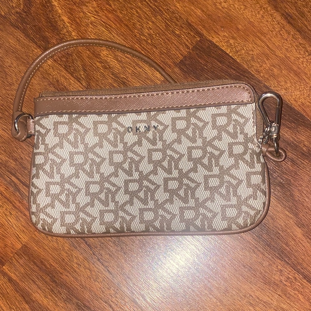 DKNY Tan and Brown Monogram Wristlet